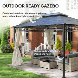 10' x 12' gazebo with double rigid roof, polycarbonate roof, steel frame, mosquito netting and curtains