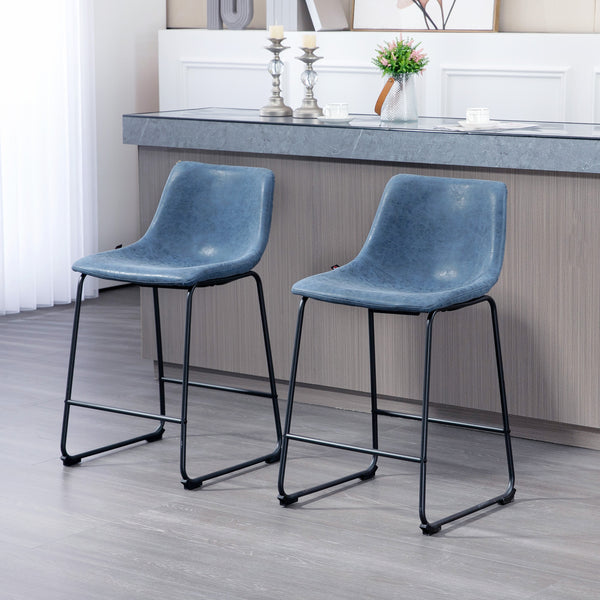Set of 2 vintage-style faux leather bar stools, blue