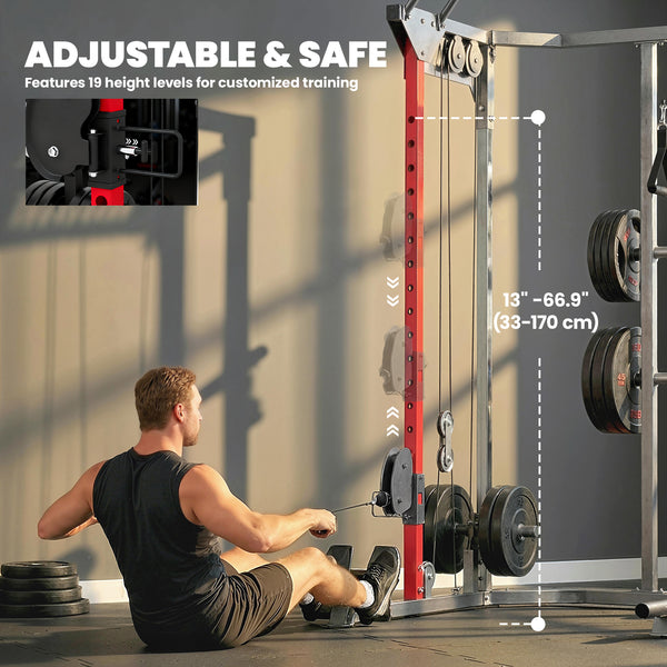 Weight training cage with adjustable pulley system, pull-up bar, dip station, Landmine pull-up bar