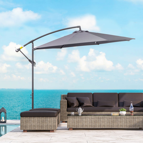10ft Offset Patio Umbrella with Base, Garden Hanging Parasol with Crank, Banana Cantilever Umbrella Sun Shade, Gray