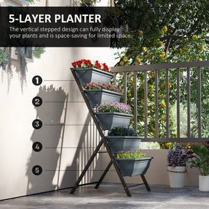 5-Tier Raised Plant Stand with Drainage Holes, Grey