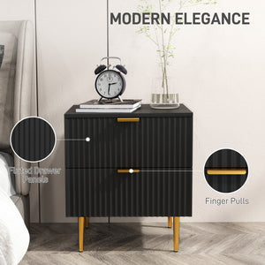 Modern bedside table with 2 fluted drawers and gold handles – Black