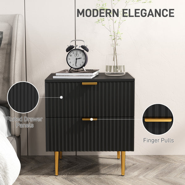 Modern bedside table with 2 fluted drawers and gold handles – Black