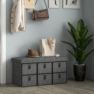 Shoe bench with cushion and 6 fabric drawers, anthracite grey