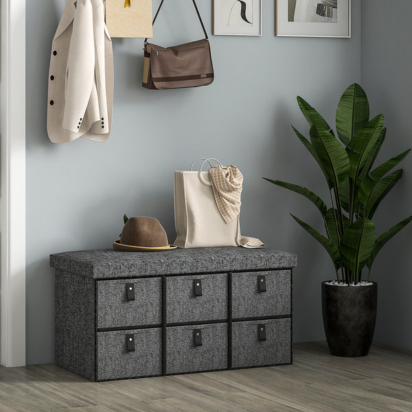 Shoe bench with cushion and 6 fabric drawers, anthracite grey