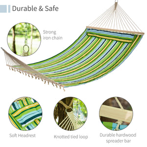 Double hammock for 2 people with pillow, green and blue stripes