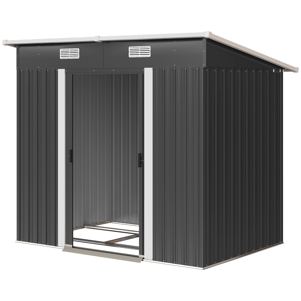 Black metal garden shed, 2.13 m x 1.22 m, lockable, for tools and other storage.