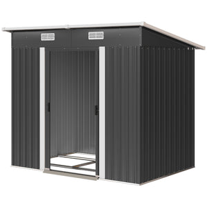 Black metal garden shed, 2.13 m x 1.22 m, lockable, for tools and other storage.