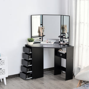 Corner dressing table with 5 drawers and open shelves, 3-piece mirror, black