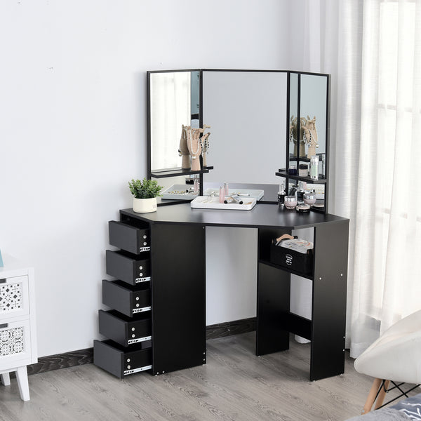 Corner dressing table with 5 drawers and open shelves, 3-piece mirror, black