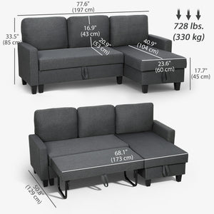 L-shaped sofa bed with pull-out trundle, reversible chaise with storage, wide and deep seating, charcoal grey