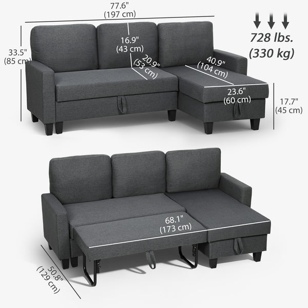 L-shaped sofa bed with pull-out trundle, reversible chaise with storage, wide and deep seating, charcoal grey