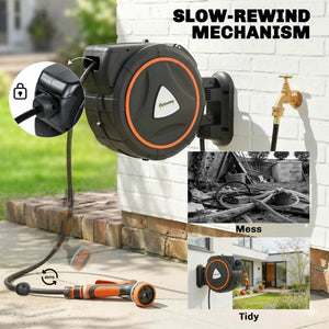 Retractable Garden Hose Reel, 1/2" x 92ft Wall Mounted Hose Reel with 12-Pattern Nozzle, Auto Retraction, Self-Locking