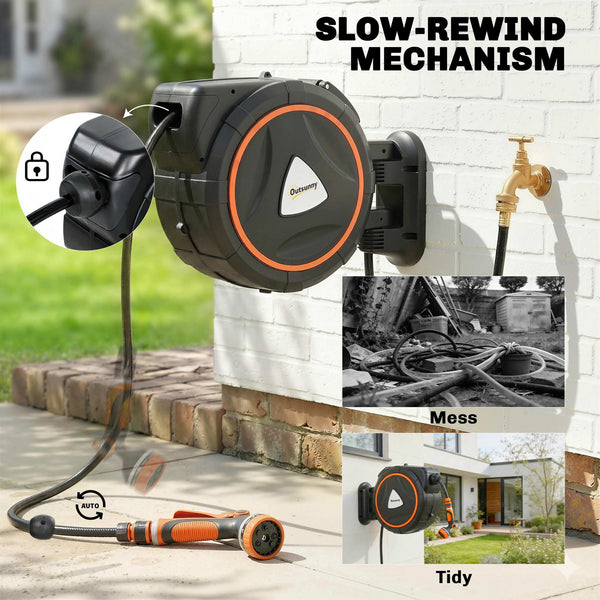 Retractable Garden Hose Reel, 1/2" x 92ft Wall Mounted Hose Reel with 12-Pattern Nozzle, Auto Retraction, Self-Locking