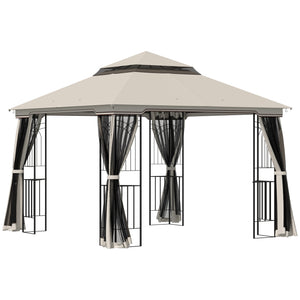 10'x10' Soft Top Gazebo with Two-Tier Roof, Mesh Curtains, Shelves, Top Hooks, Beige