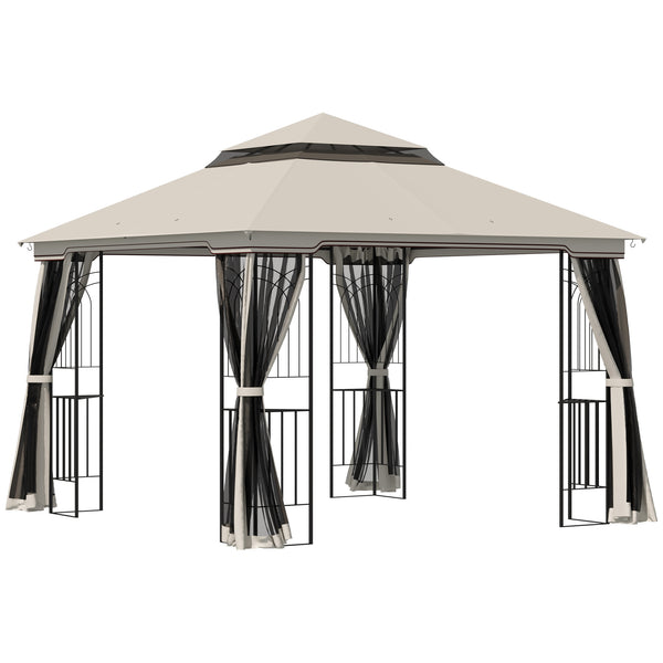 10'x10' Soft Top Gazebo with Two-Tier Roof, Mesh Curtains, Shelves, Top Hooks, Beige