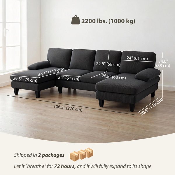 Sectional Sofa, U Shaped Couch with Double Chaise, Pillow-top Armrests and Spring Cushions, 2200lb Capacity, Dark Grey