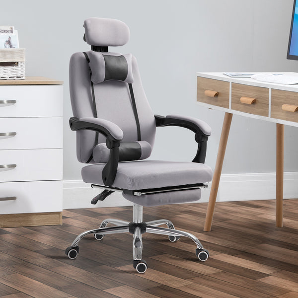 Ergonomic high-back office chair with footrest and lumbar support, grey