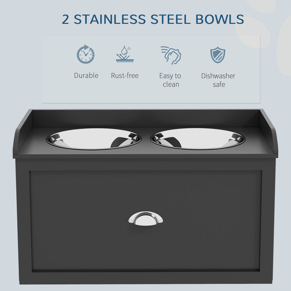 Raised Dog Bowls with Storage, 2 Stainless Steel Bowls, Black
