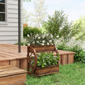Two-tier wooden planter in the shape of a cart