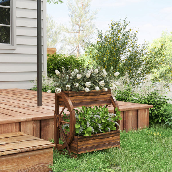 Two-tier wooden planter in the shape of a cart