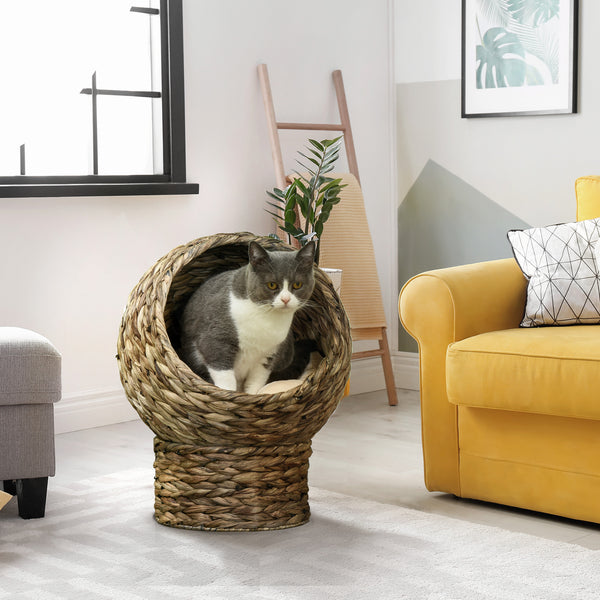 Wicker cat basket with cushion and stand
