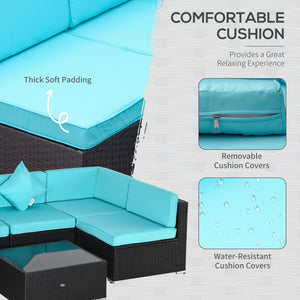 7 Piece Wicker Patio Sofa Set, Sectional Garden Furniture, Dark Coffee and Light Blue