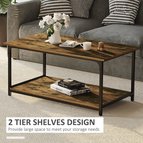 Industrial Coffee Table with 2-Tier Storage Shelf, Rustic Brown