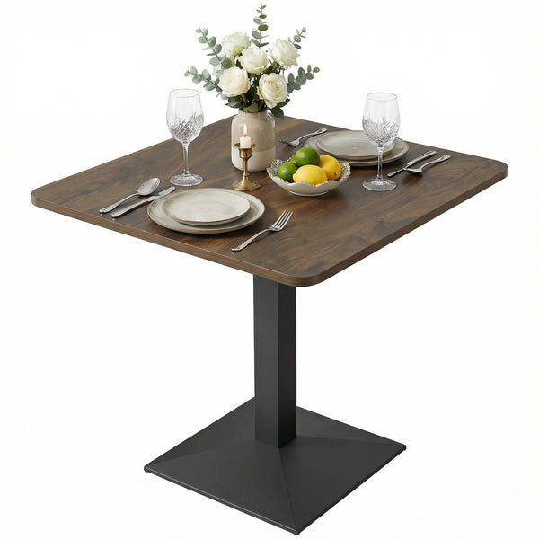 Square dining table with steel base, compact and space-saving, walnut-look.