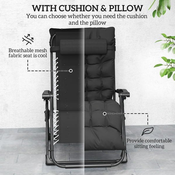 Set of 2 Folding Garden Chairs, Zero Gravity Reclining with Cushion and Headrest, Black