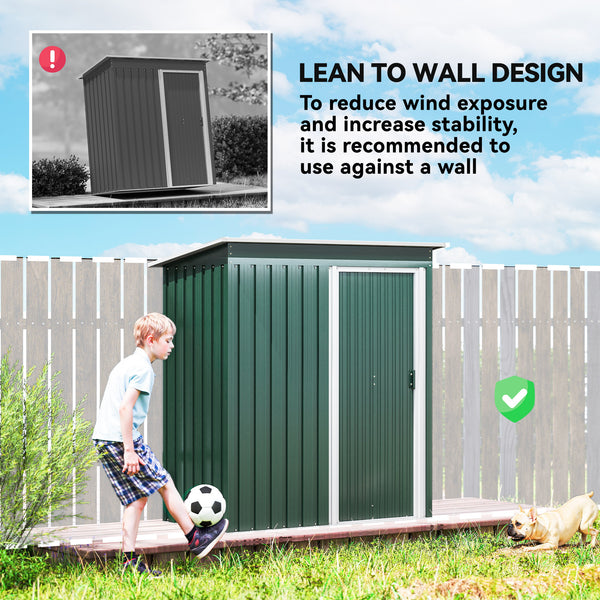 Garden shed with sliding door and sloping roof, steel frame, green