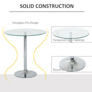 Round dining table with tempered glass top, galvanized metal base, silver