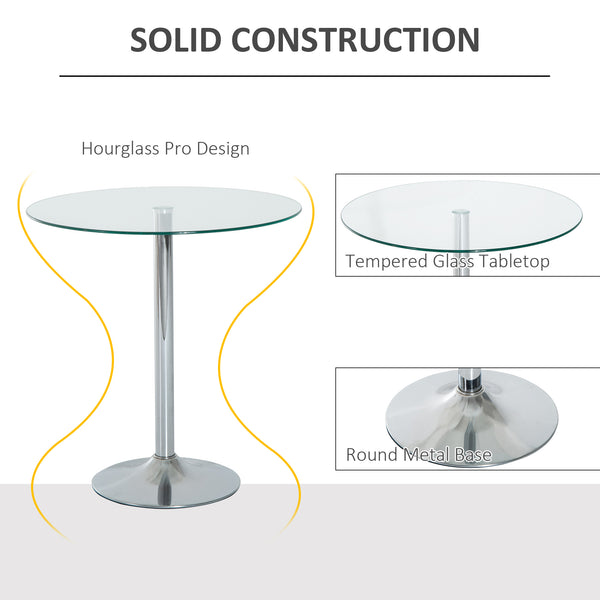 Round dining table with tempered glass top, galvanized metal base, silver