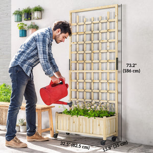 Wooden planter with trellis on wheels