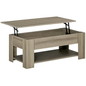Lift-top coffee table with hidden storage compartment and open shelf, gray