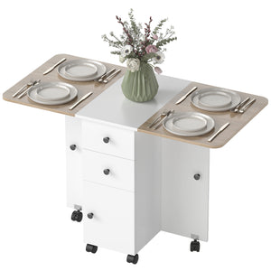 Mobile folding table on casters with drawers and cupboard, white and oak