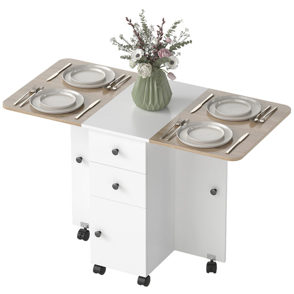 Mobile folding table on casters with drawers and cupboard, white and oak