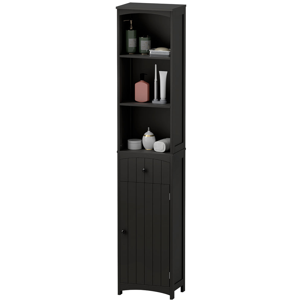 Tall bathroom cabinet with shelves and drawers