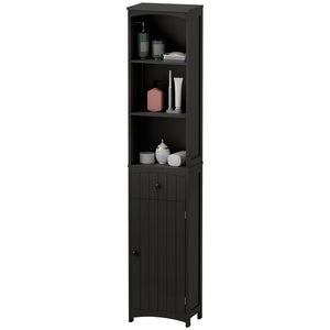 Tall bathroom cabinet with shelves and drawers
