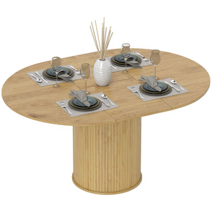 Extendable kitchen table for 6 to 8 people in country style with pedestal base, natural wood finish