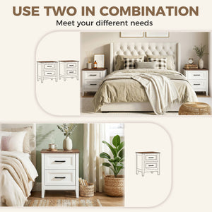 Set of 2 farmhouse style nightstands, with 2 drawers, wood effect top, white