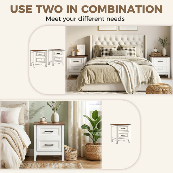 Set of 2 farmhouse style nightstands, with 2 drawers, wood effect top, white