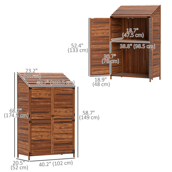 Wooden garden shed with double doors and shelves, mixed brown color