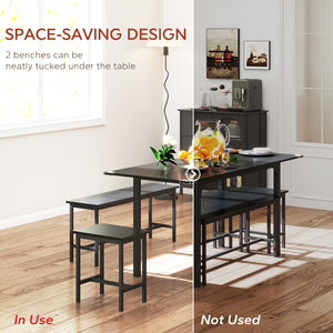 Dining Set for 4-6 People, with 2 Benches and 2 Stools, for Small Spaces, Black