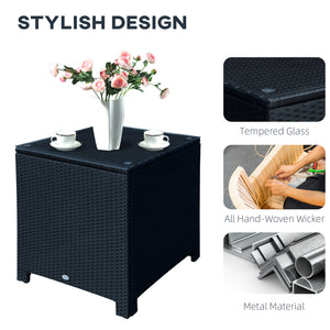 Wicker Coffee Table with Glass Top, Patio Furniture for Patio, Pool, Garden, Lawn, Black