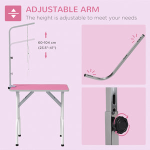 Folding grooming table with adjustable arm and non-slip surface, pink