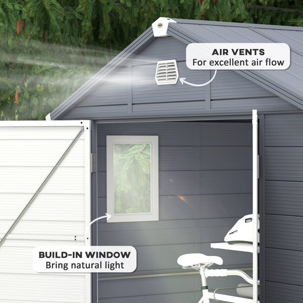 Plastic garden shed with latch door, ventilation, sloping roof, light grey