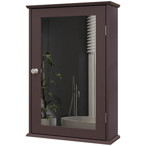 Wall-mounted medicine cabinet with door and shelves, dark brown