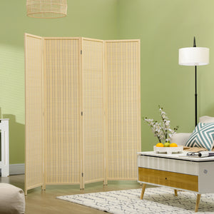 Woven bamboo room divider with 4 folding panels, natural