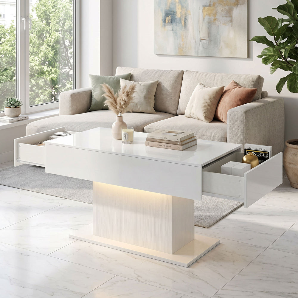 LED Coffee Table with Storage, High Gloss with 2 Drawers and Remote Control for Living Room, White